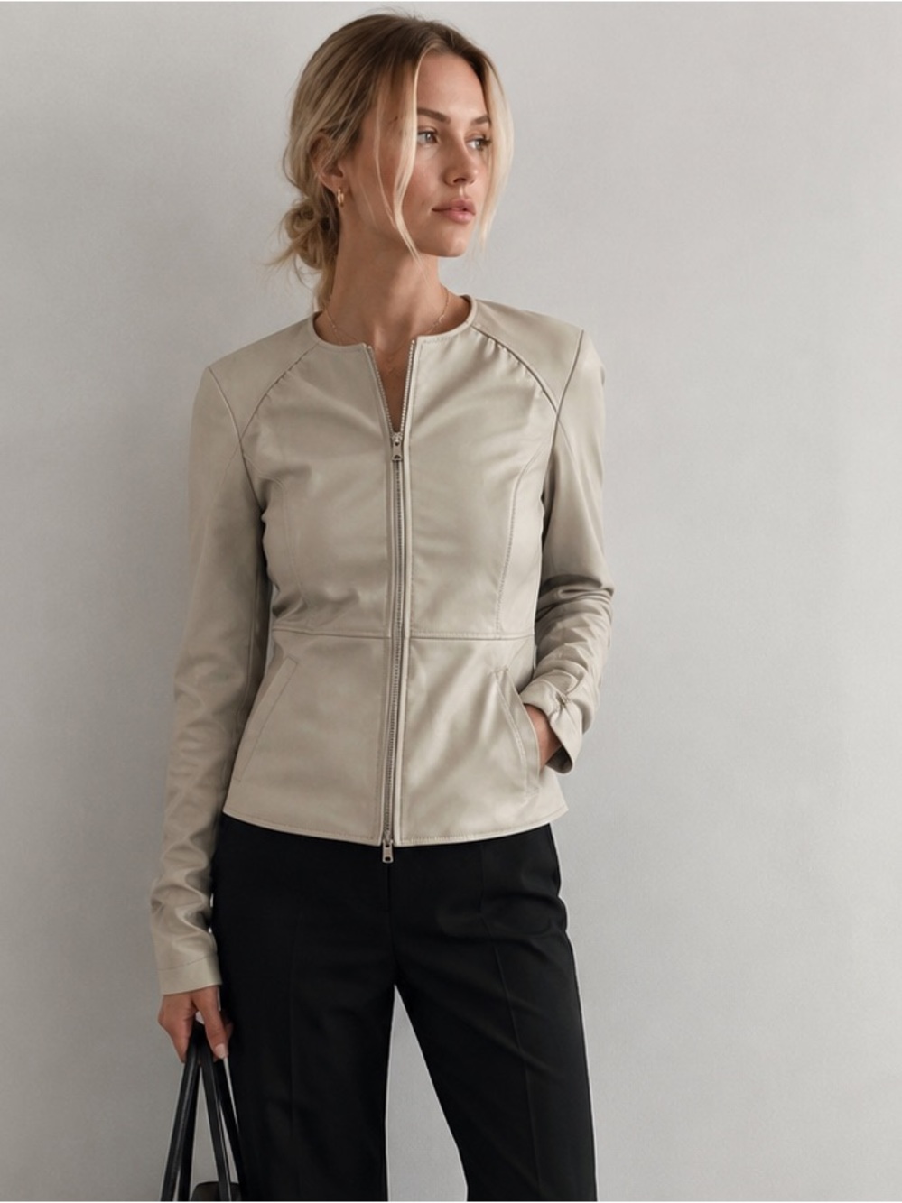 Zara Cream Fitted Faux Leather Jacket